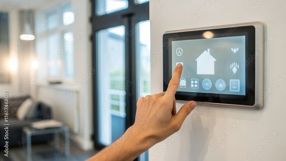 Poster a person interacts with a modern touchscreen home automation panel, controlling smart home features 