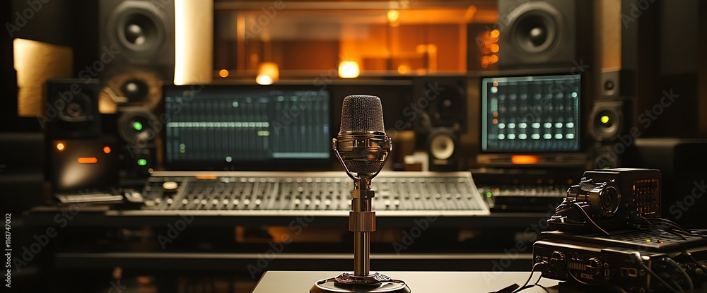 Poster a professional recording studio setup with a microphone and audio equipment.