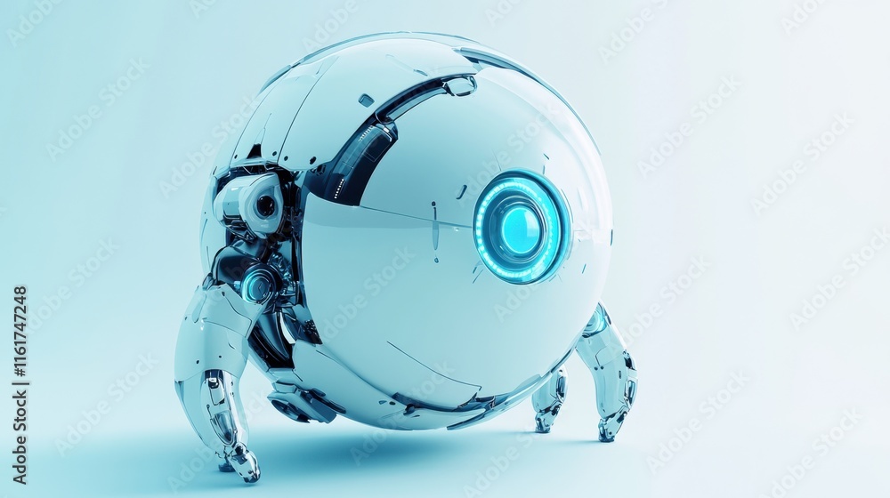 Poster a futuristic spherical robot with intricate metallic detailing, glowing softly against a clean backd