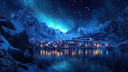 Snowy Mountain Village Night Sky Aurora