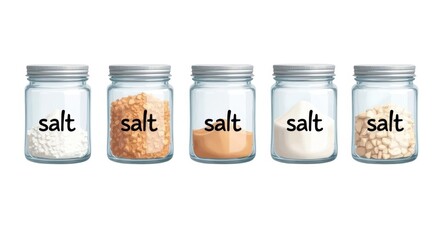 Collection of Salt Jars with "Salt" Text in Various Grain Styles Illustration for Kitchen Decor and Food Blogs