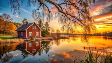 Cozy red house on lake with tree branches and sunset background , branch, peaceful,  branch, peaceful