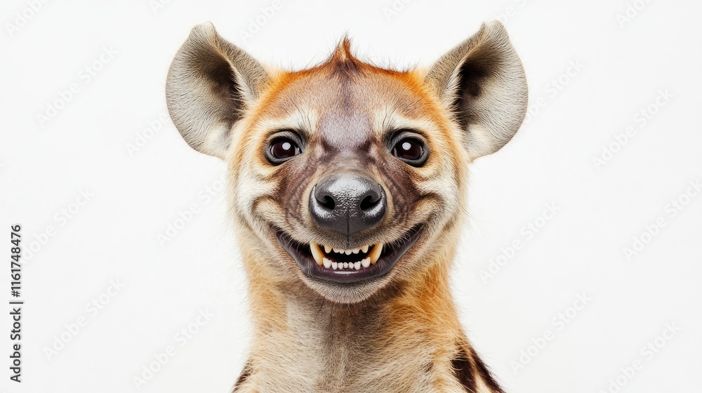 Poster a close-up of a hyena with a playful expression against a plain background.