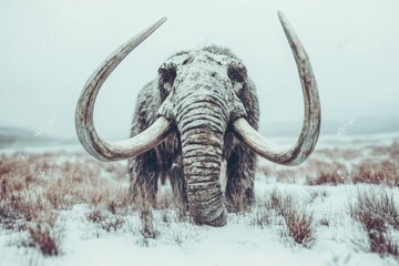 Obraz premium A woolly mammoth stands in a snowy landscape, showcasing its large tusks and thick fur.
