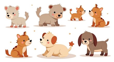 Cute Cartoon Puppies Illustration with Adorable Baby Dogs and Hearts - Perfect for Children's Products and Nursery Decor