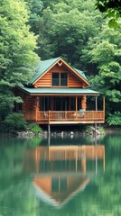 Obraz premium Secluded Log Cabin Overlooking Serene Lake