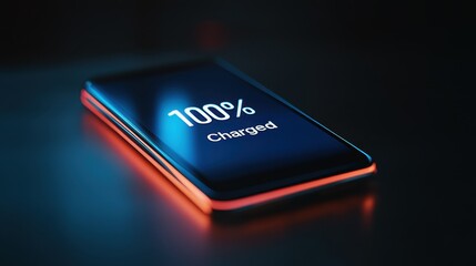 A glowing "100 Charged" screen on a stylish smartphone, symbolizing peak performance and battery technology