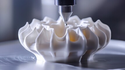 A close-up of a decorative cream dessert being expertly piped into a flower shape, showcasing intricate detailing and smooth texture.