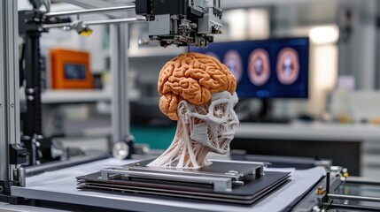 A 3D printer creates a detailed model of a human skull with a brain, showcasing advanced technology in a lab environment.