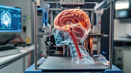 A 3D printer produces a detailed model of a human brain, showcasing intricate neural pathways within a laboratory setting.