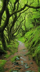 Mossy Trees Line A Stone Path Through Lush Green Woods