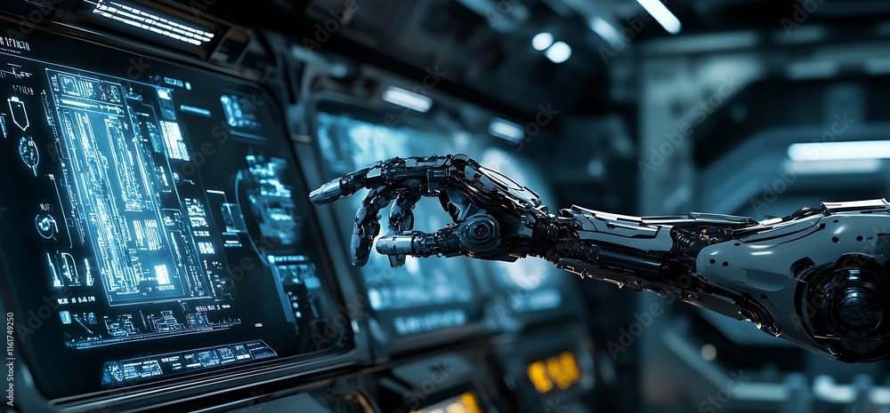 Poster a robotic arm interacting with a high-tech control panel in a futuristic setting.