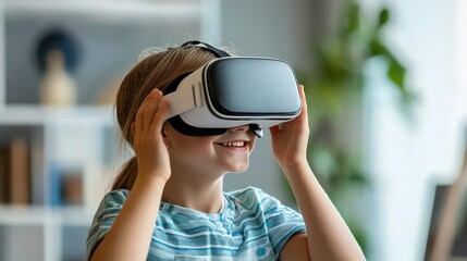 A child enjoys a virtual reality experience, smiling as they wear a VR headset, immersed in a digital world.