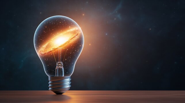Swirling galaxy inside a glowing light bulb symbolizing the boundless potential of innovation creativity and scientific of the cosmos  This captivating image evokes a sense of wonder and