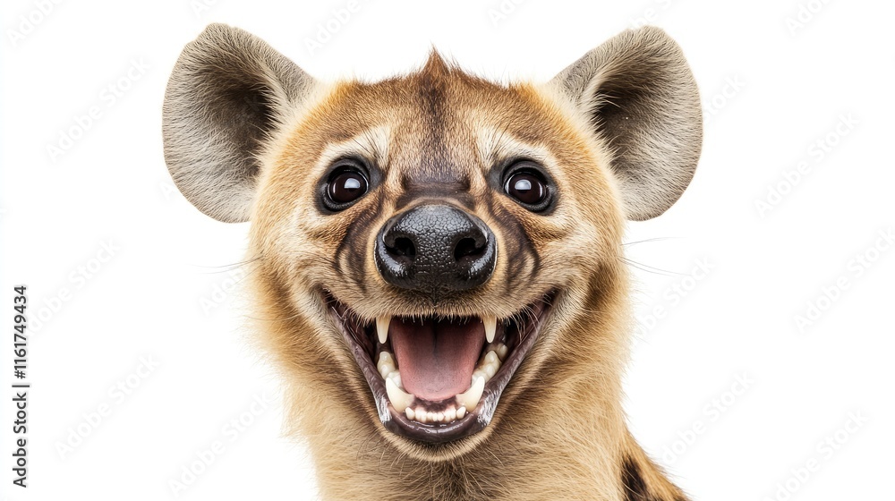 Poster a close-up of a smiling hyena showcasing its unique features and playful demeanor.