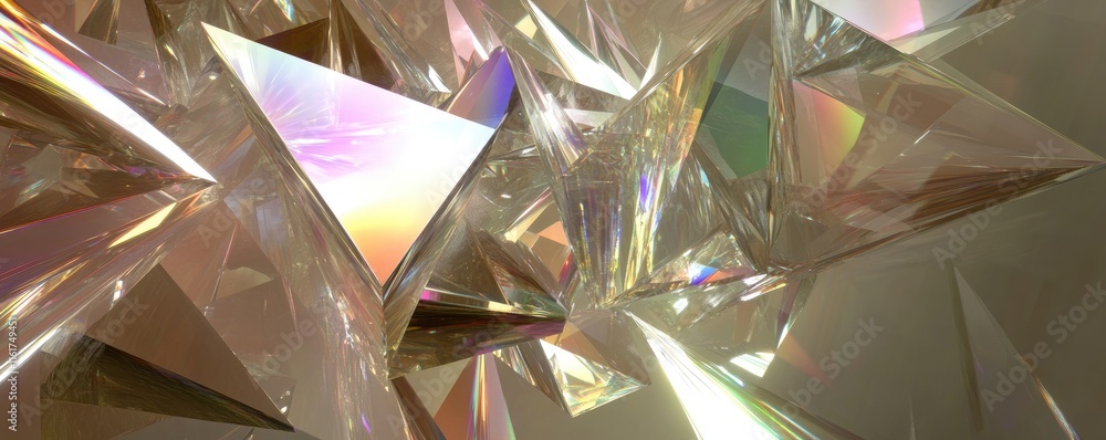Poster abstract composition of crystalline structures reflecting light in various colors.