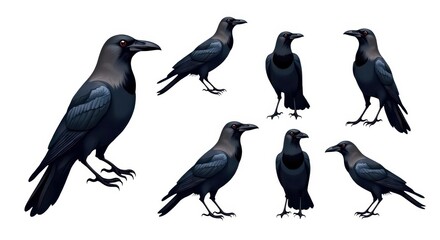 Naklejka premium Illustration Set of Crows in Various Poses for Wildlife and Nature-Themed Designs