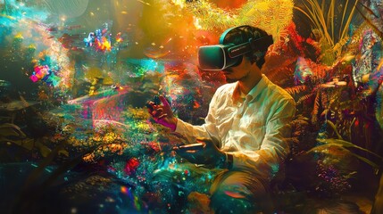 A person experiences a vibrant virtual reality environment filled with colorful elements, showcasing the fusion of technology and creativity.
