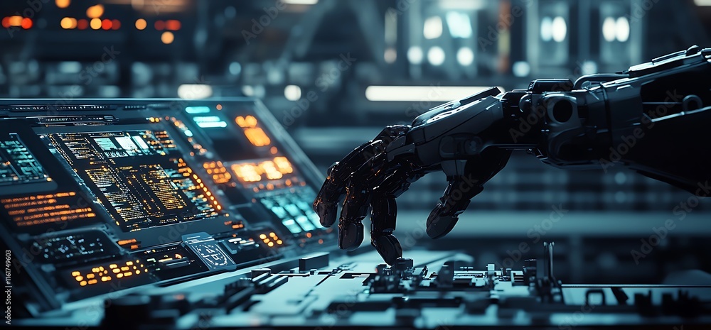 Poster a robotic hand interacts with a high-tech control panel in a futuristic setting.