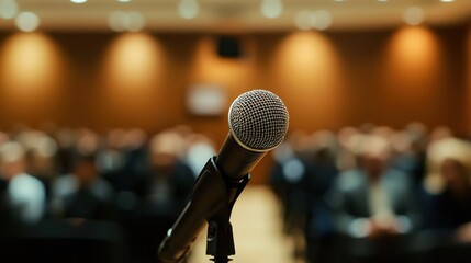 A microphone is prominently featured in the foreground, set against a blurred audience in a conference or seminar setting.
