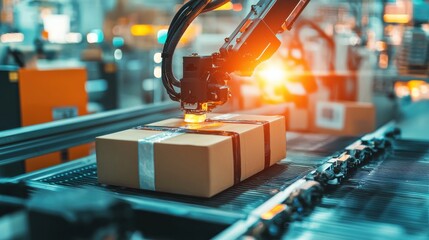 A robotic arm handling packages in a modern warehouse, showcasing automation and efficiency in logistics and packaging processes.