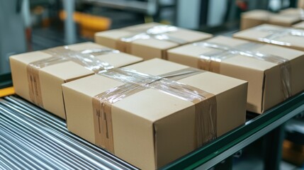 Packages are neatly arranged on a conveyor belt, ready for shipping in a warehouse setting, showcasing efficient logistics and order fulfillment.
