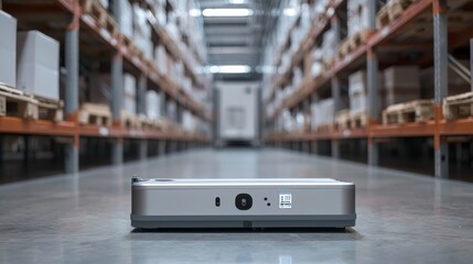 A sleek robotic device is positioned on a warehouse floor, surrounded by shelves filled with neatly stacked boxes, showcasing an automated storage environment.