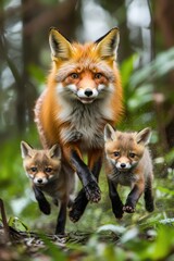 Fototapeta premium A red fox and two kits playfully running through a lush forest environment.