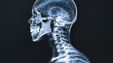 An X-ray image displaying a side profile of a human skull and vertebral column, highlighting skeletal anatomy and structure.