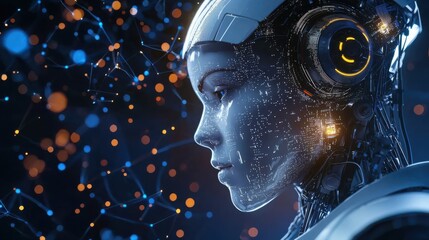 A futuristic robotic head with glowing elements, showcasing advanced technology and a blend of human-like features in a dark, digital environment.
