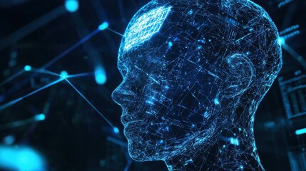A digital representation of a human head composed of glowing blue lines and nodes, symbolizing artificial intelligence and advanced technology.
