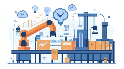 A modern industrial scene featuring robotic automation, packaging, and workflow elements, emphasizing efficiency and innovation in manufacturing.