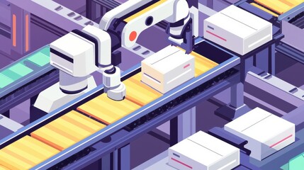 A robotic arm sorts packages on a conveyor belt in a modern automated warehouse setting, showcasing the integration of technology in logistics.