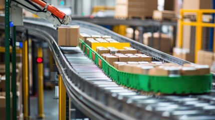 A conveyor belt transports packages in a warehouse, showcasing automated handling and efficient logistics processes.