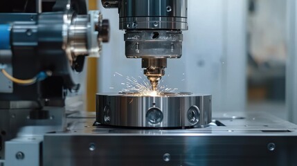 A high-precision CNC machine tool cuts metal, producing sparks, showcasing advanced manufacturing technology in action.