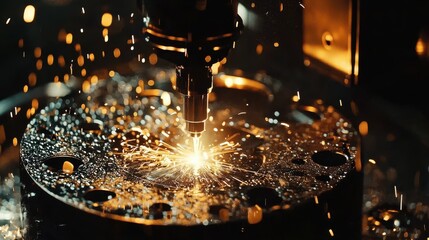 A close-up of a precision machining process, showcasing sparks and metal shavings being produced during cutting or drilling.