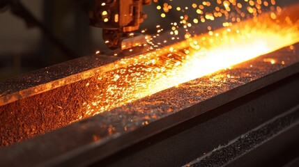 A glowing stream of molten metal flows from machinery, creating sparks and illuminating the workshop with a fiery glow.