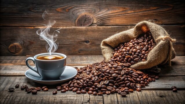 Cup of coffee with heart shape smoke, coffee beans on burlap sack, old wooden background - Powered by Adobe