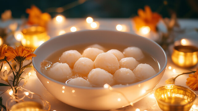 Rasagulla, traditional Indian sweet dish in a bowl surrounded by lights