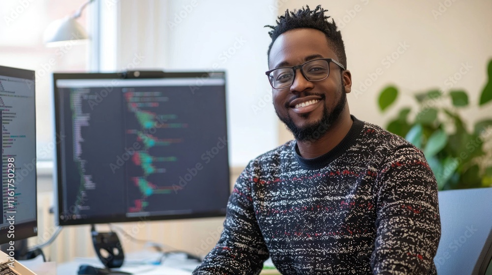 Poster a confident black developer coding in a creative office, surrounded by tech gadgets and devices.