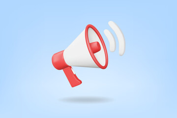 A vector rendering of a megaphone or handheld speaker icon, white and red, with a sound wave symbol on the side. on a light blue background Public relations, communication or announcement concepts