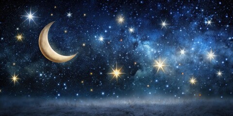 Naklejka premium A deep night sky with twinkling stars and a hint of moonlight on a black canvas, night sky, stars, night sky
