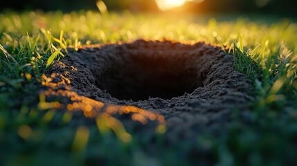 A close-up of a hole in the ground, surrounded by grass, illuminated by sunset.
