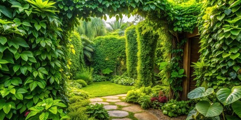 Naklejka premium Corners of a garden with lush green leaves and vines, leafy, outdoors, leafy, outdoors, plant, nature