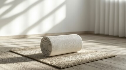A neatly rolled yoga mat rests on a textured rug, illuminated by soft natural light streaming through a window.