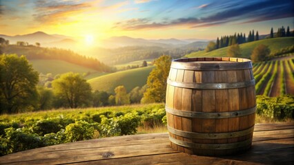 Fototapeta premium Old wooden barrel against a sunny background with trees and hills in the distance, farm, outdoor, farm, outdoor