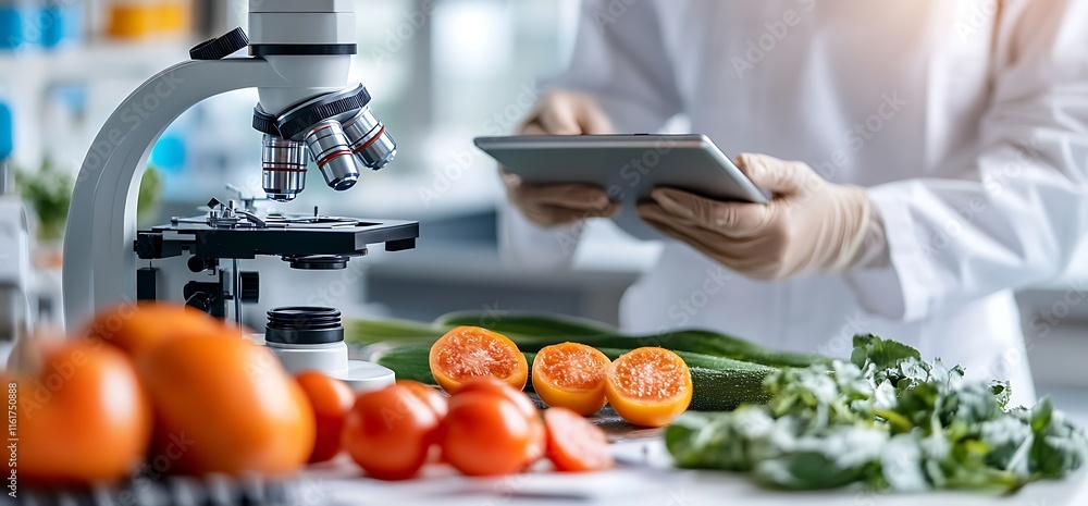 Poster a scientist examines fresh produce using a microscope and tablet for analysis.