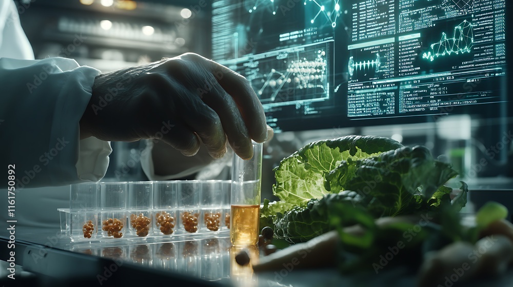 Poster a scientist conducts experiments with vegetables and data analysis.