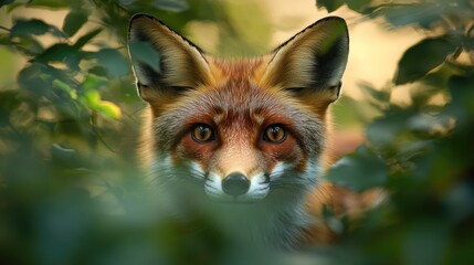 Obraz premium A close-up of a fox's face peering through foliage, showcasing its expressive eyes and fur.