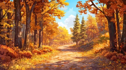 Obraz premium Autumnal Forest Path Golden Leaves Sunny Day